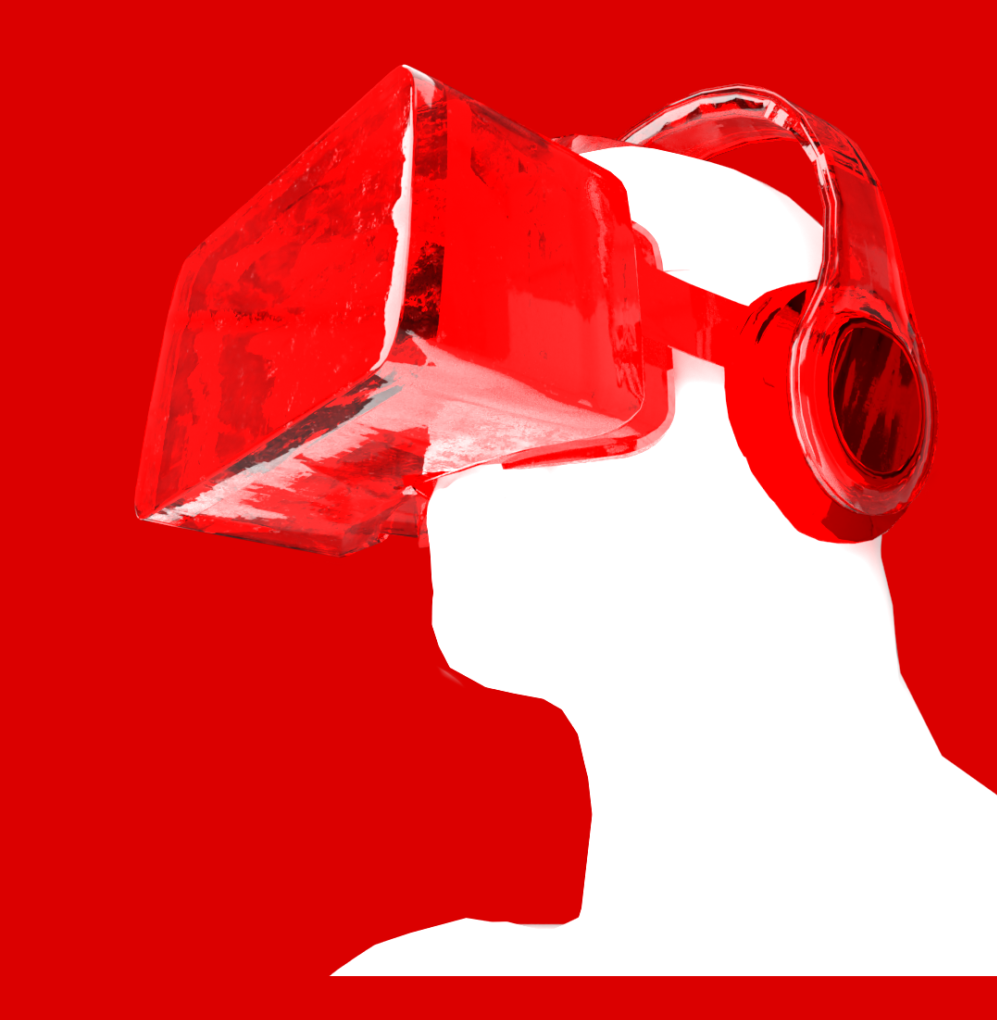 grafika przedstawiająca osobę z założonymi słuchawkami i hełmem wirtualnej rzeczywistości