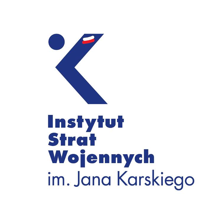 symboliczna litera K w kolorze granatowym z flagą biało-czerwona w górnej części, u dołu napis instytut Strat Wojennych im. Jana Karskiego
